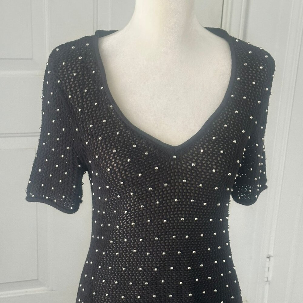 JLo Jennifer Lopez Black Studded Open Knit Tunic Sweater Medium Y2K